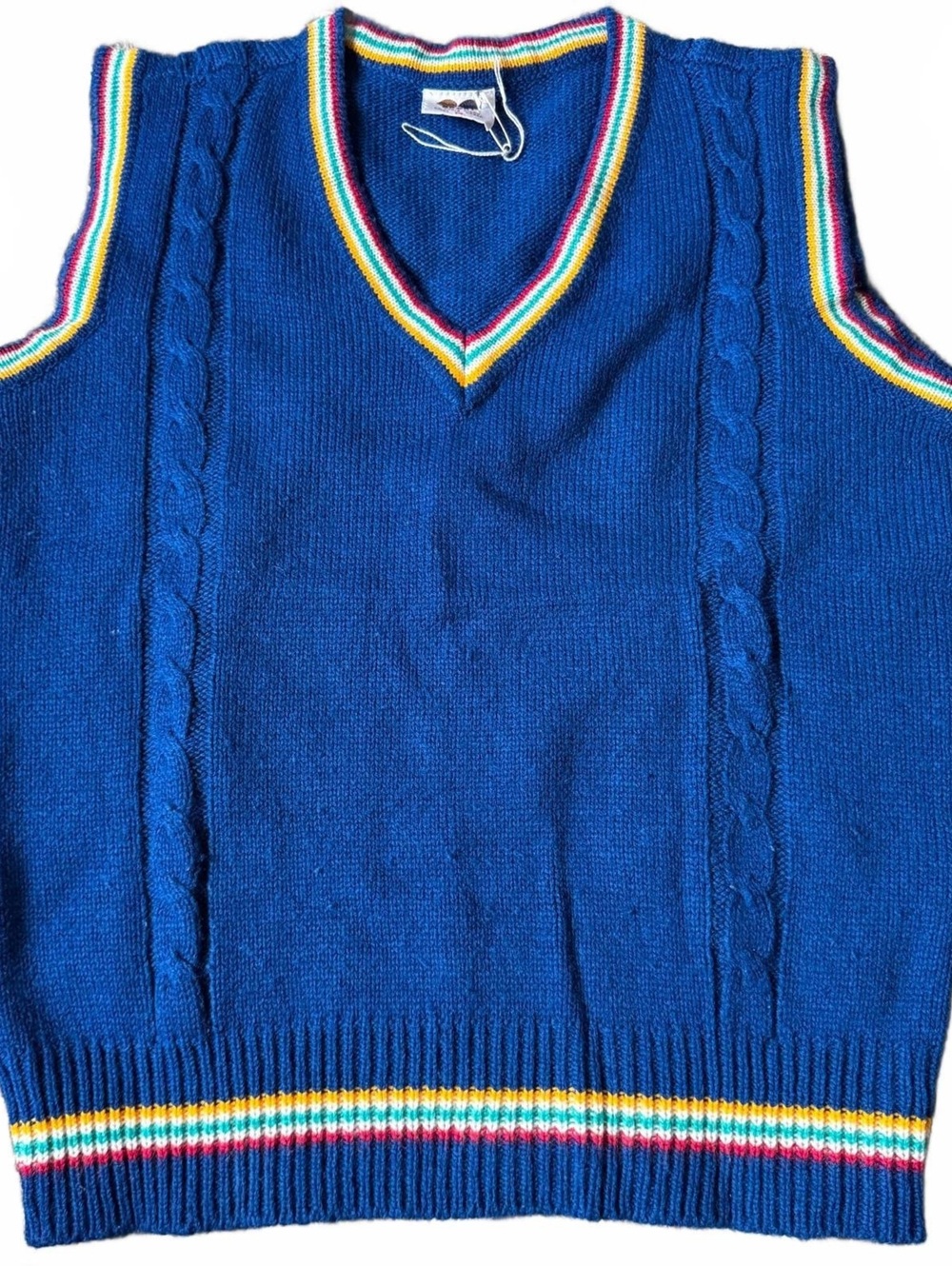 Vintage Sport Blue Cable Knit Sweater Vest Size Medium Rainbow Stripe